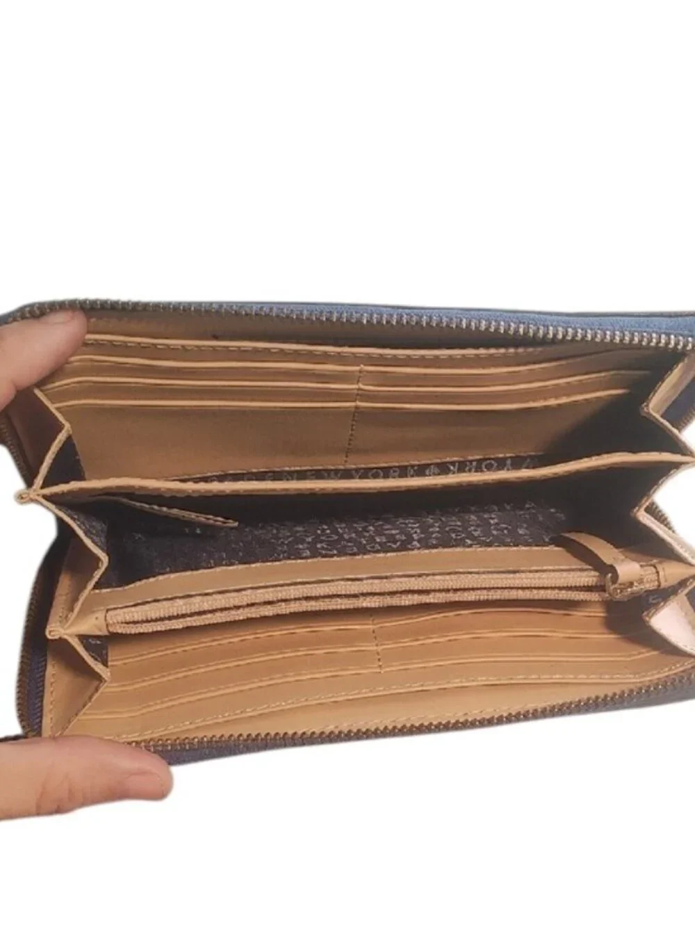 kate spade Blue Pebbled Leather Zip Wallet -callout on spine
